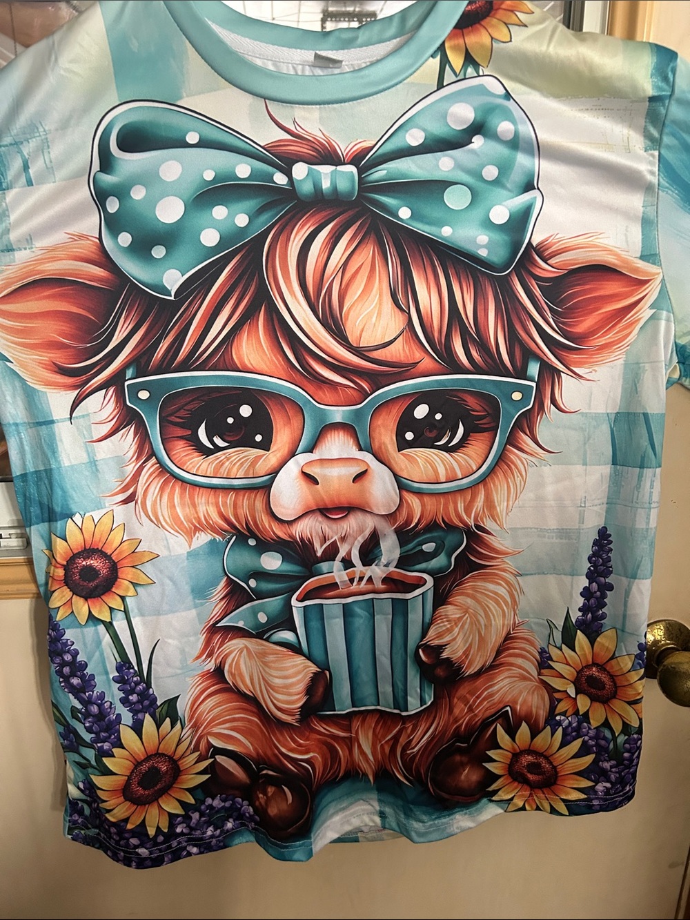 Cute Highland Cow Graphic Tee with Teal Bow and Sunflower Accents - Picture 3 of 4